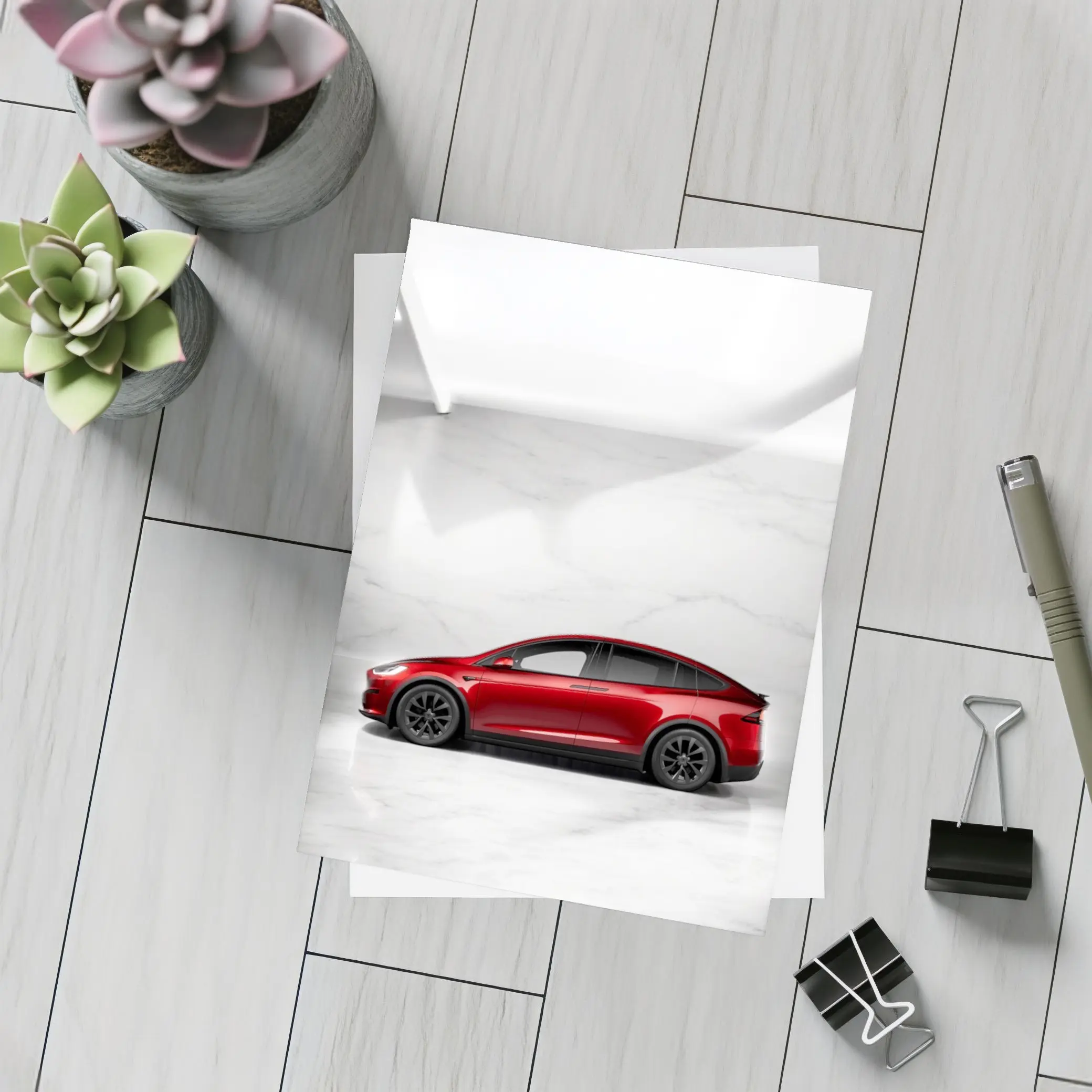 Tesla Model X Red On Marble Floor – Postcards