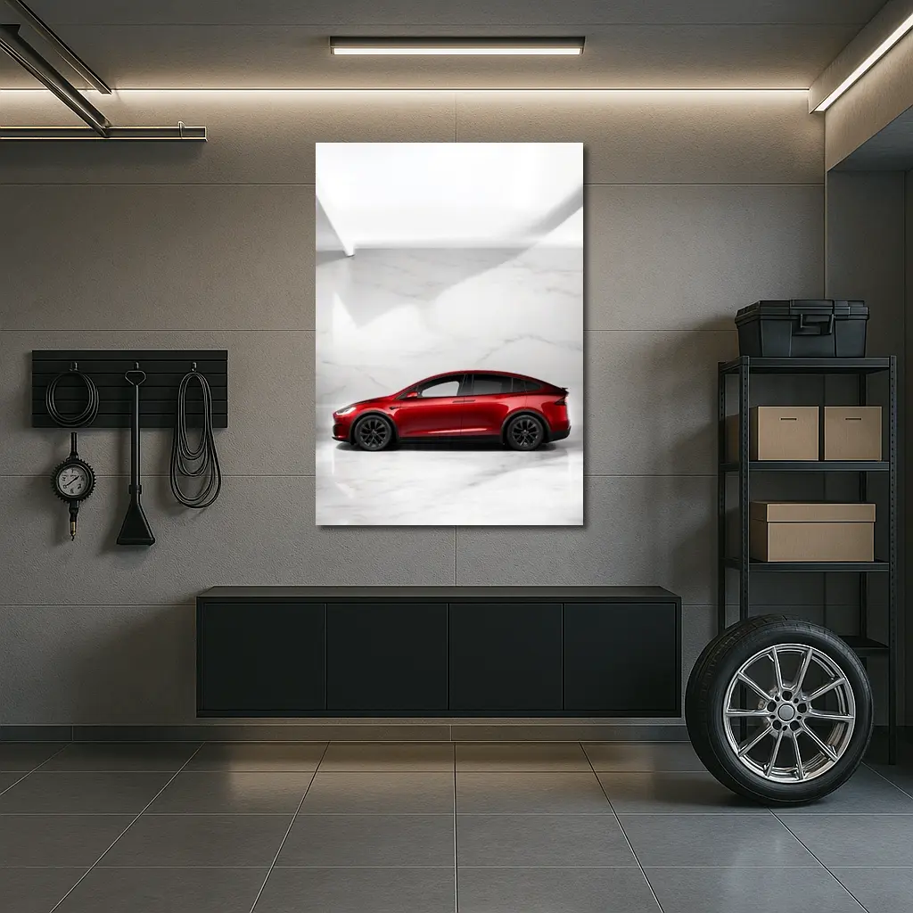 Tesla Model X Red On Marble Floor – Wall Art