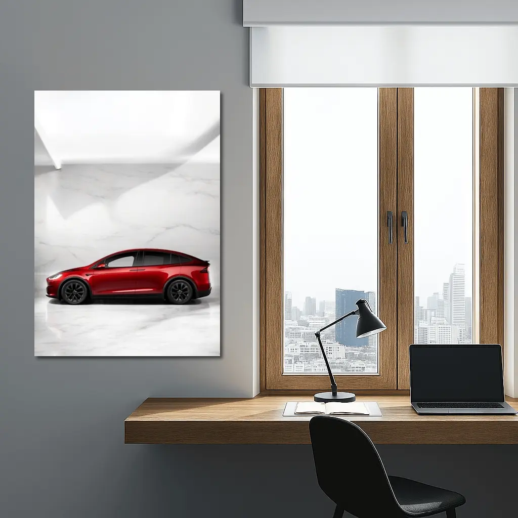 Tesla Model X Red On Marble Floor – Wall Art