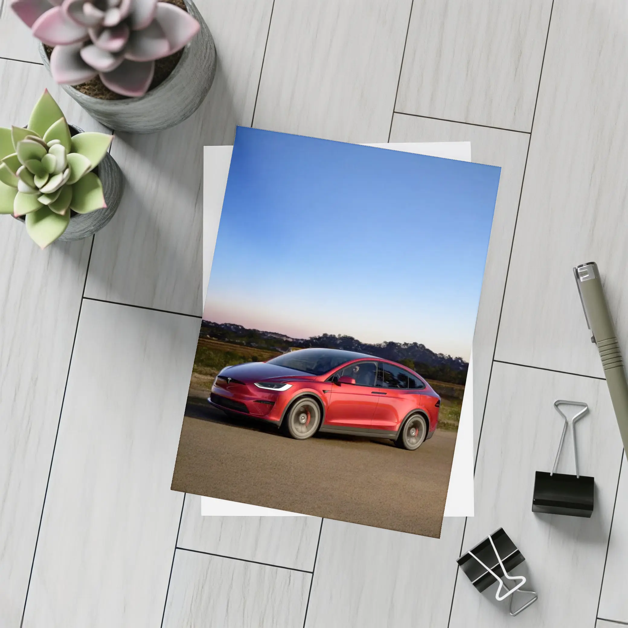Tesla Model X Red Dusk Road Drive – Postcards