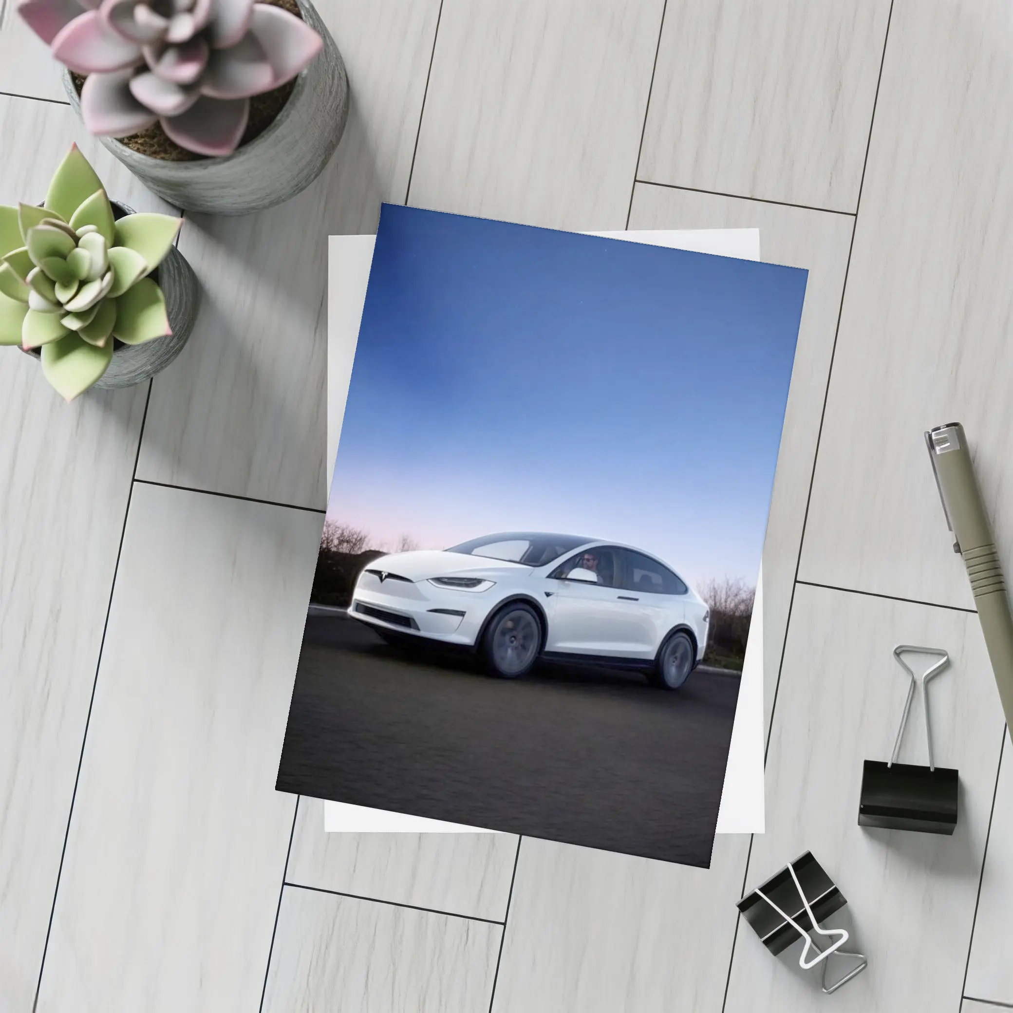 Tesla Model X White Under Night Sky – Postcards