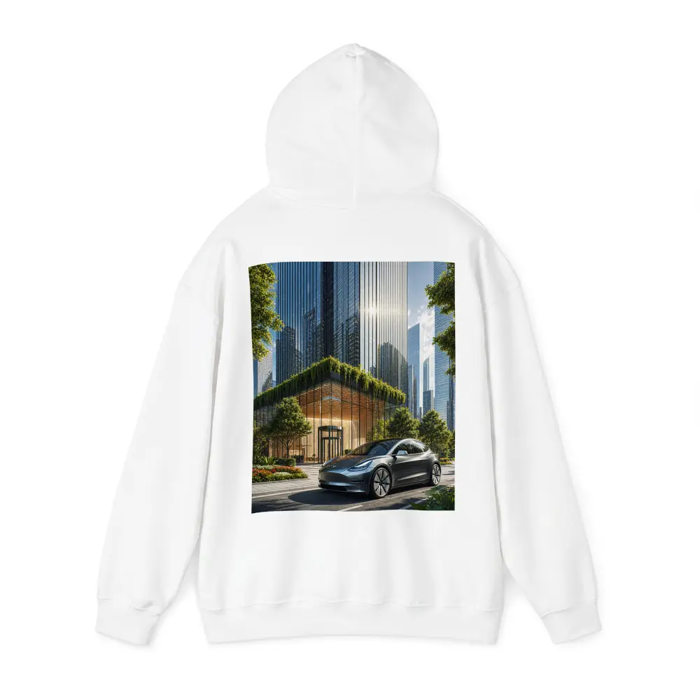 Tesla Model Y Modern City Glass Buildings – Hoodies