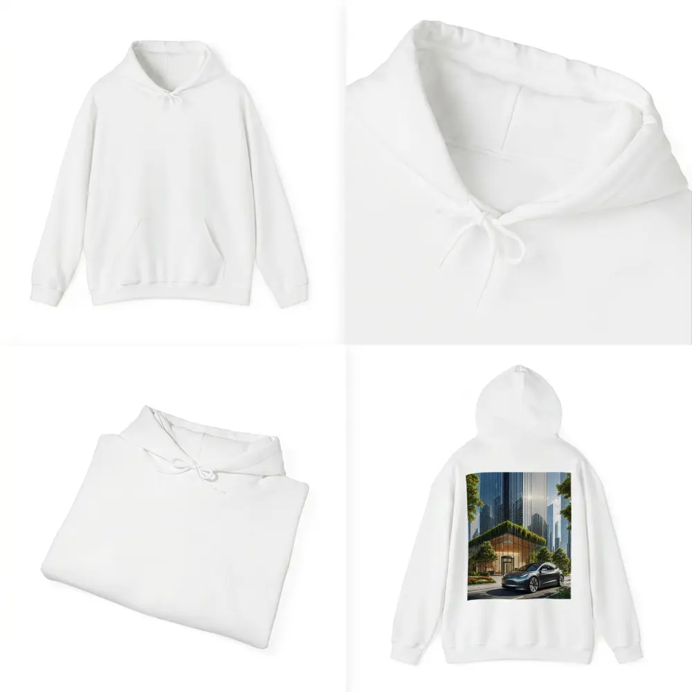 Tesla Model Y Modern City Glass Buildings – Hoodies