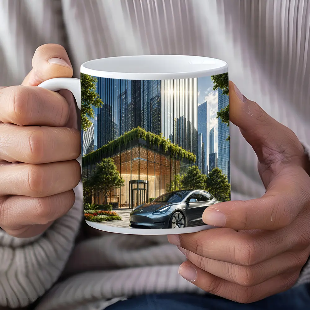 Tesla Model Y Modern City Glass Buildings – Mugs