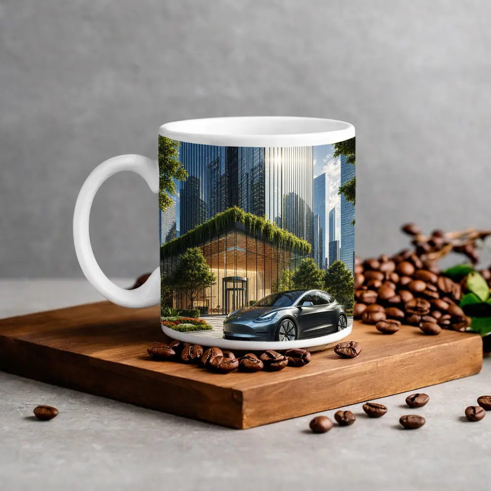 Tesla Model Y Modern City Glass Buildings – Mugs