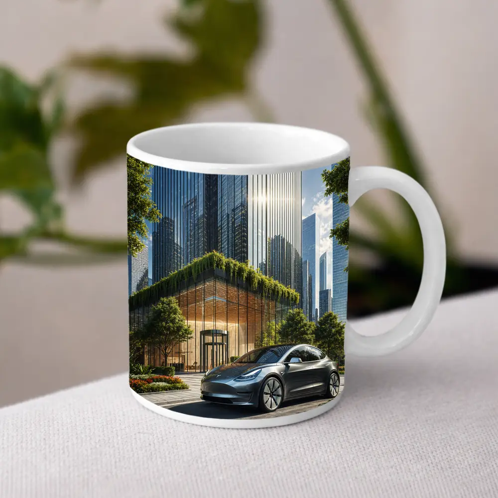 Tesla Model Y Modern City Glass Buildings – Mugs