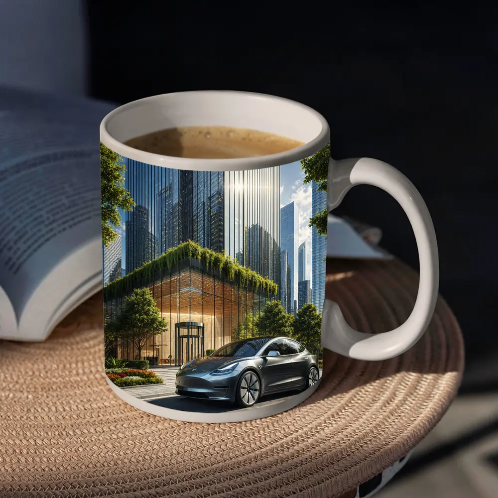Tesla Model Y Modern City Glass Buildings – Mugs