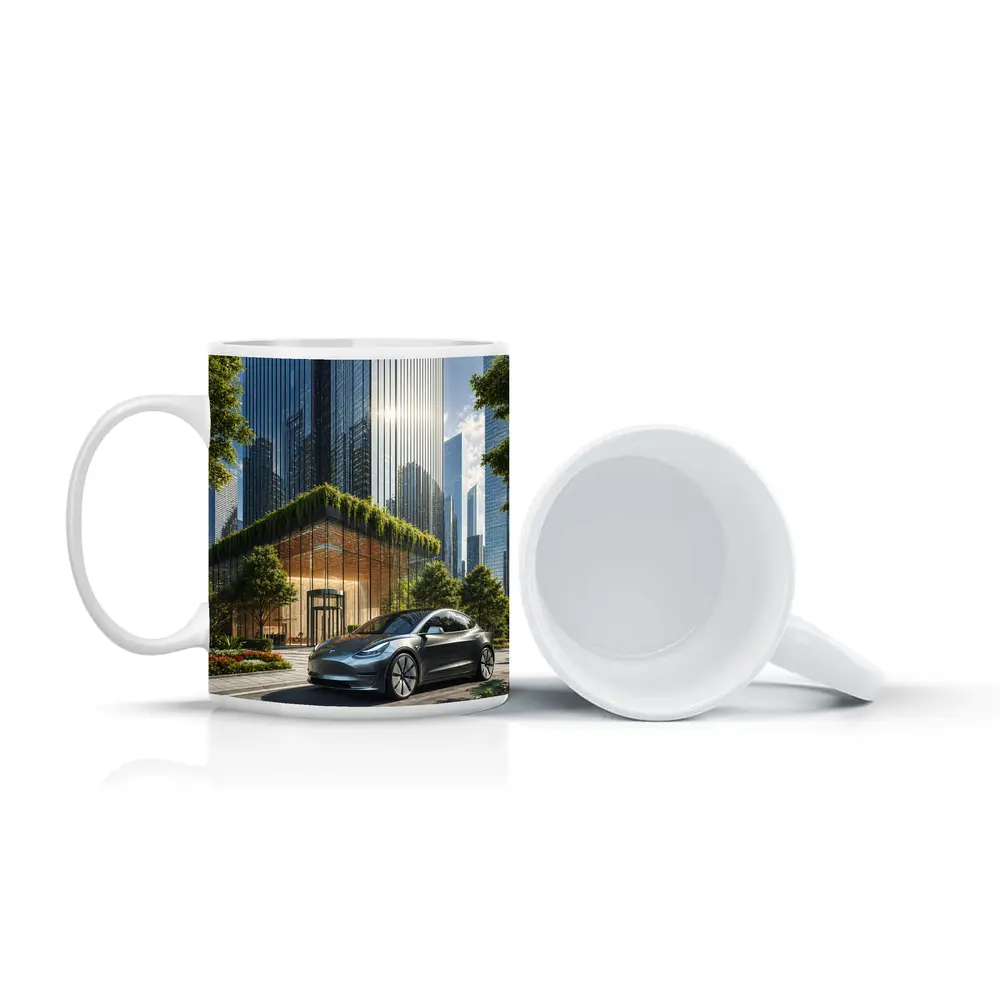 Tesla Model Y Modern City Glass Buildings – Mugs