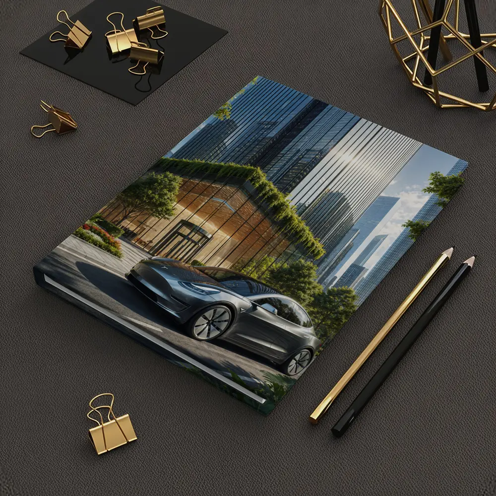 Tesla Model Y Modern City Glass Buildings – Notebooks