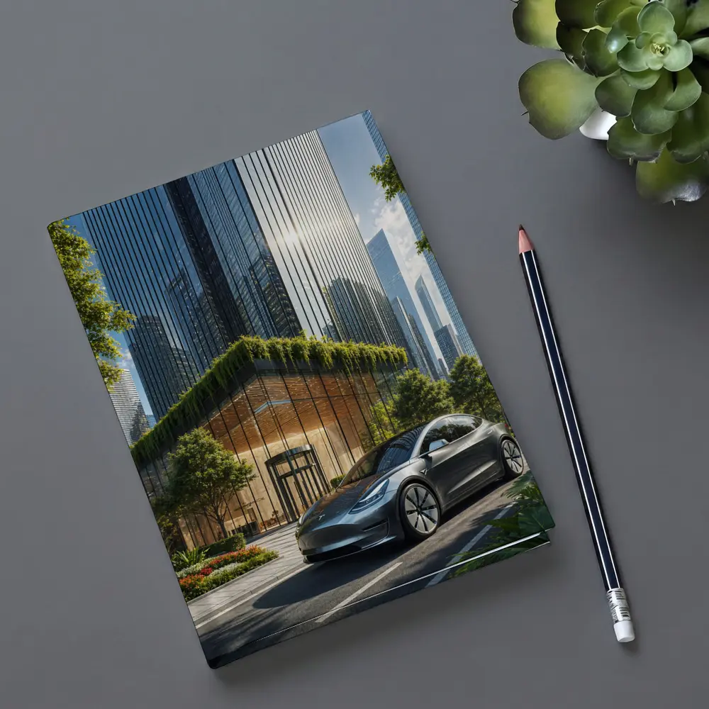 Tesla Model Y Modern City Glass Buildings – Notebooks