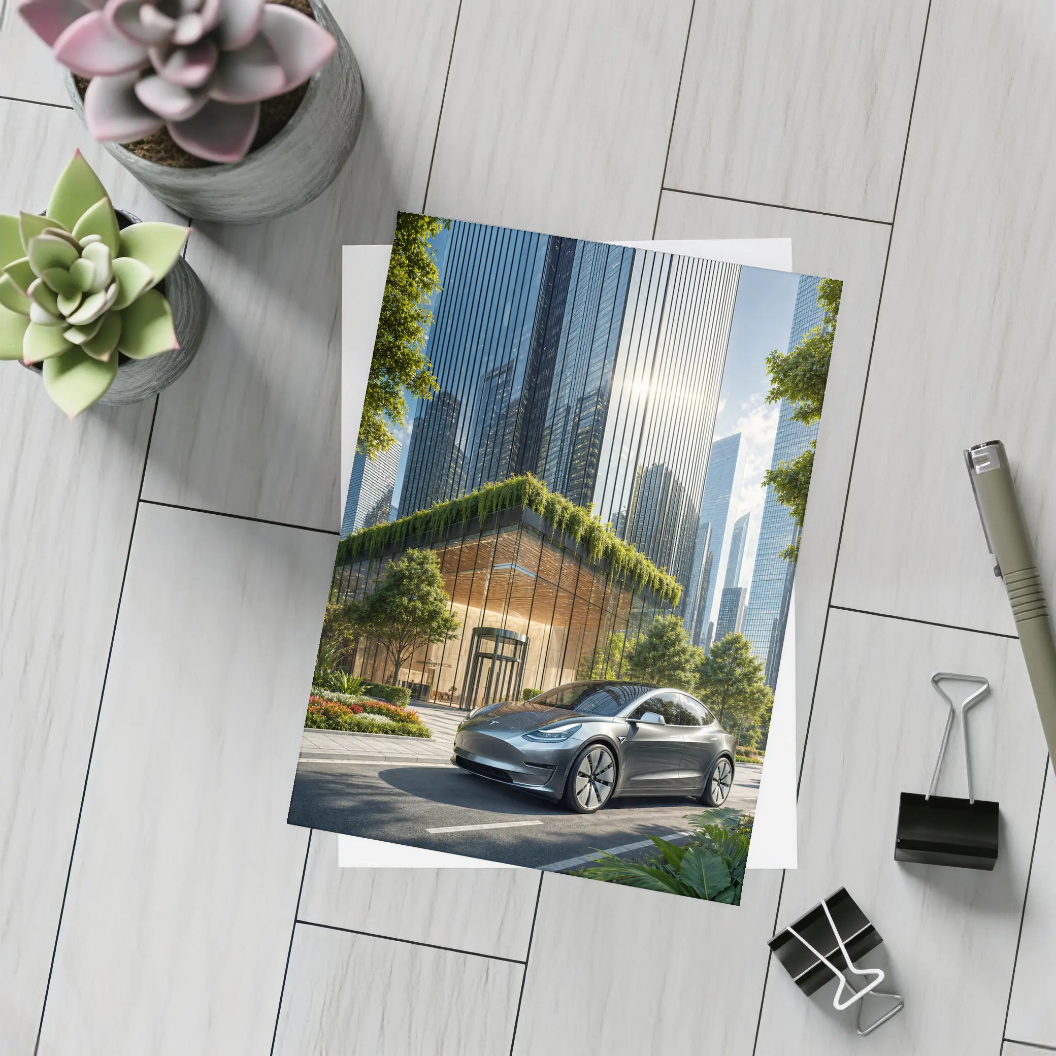 Tesla Model Y Modern City Glass Buildings – Postcards
