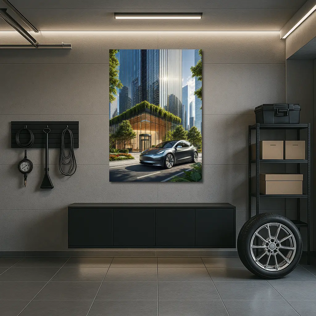 Tesla Model Y Modern City Glass Buildings – Wall Art