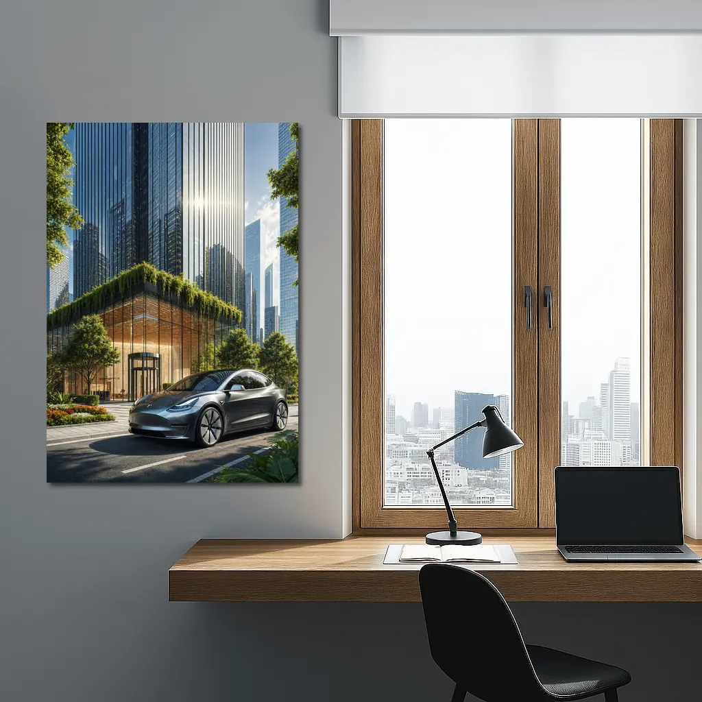 Tesla Model Y Modern City Glass Buildings – Wall Art