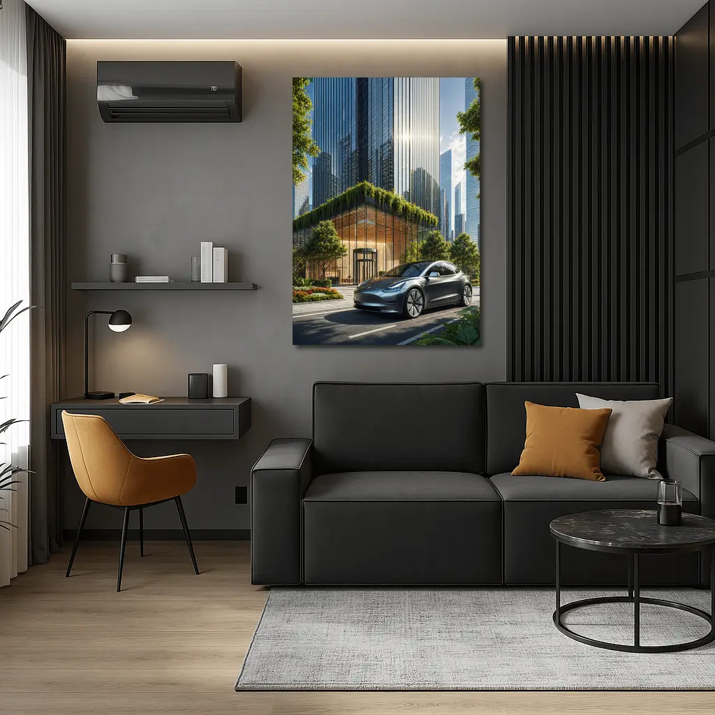 Tesla Model Y Modern City Glass Buildings – Wall Art