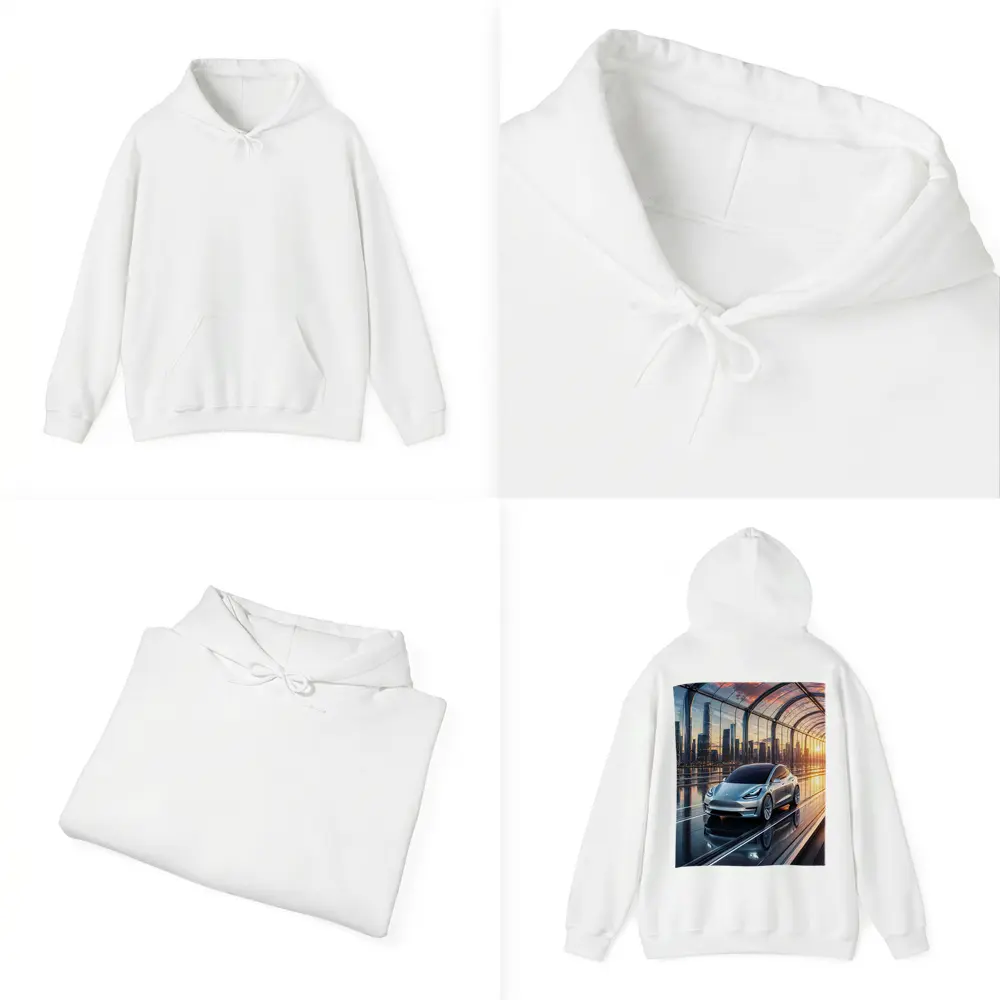 Tesla Model Y Futuristic City Skyline – Hoodies