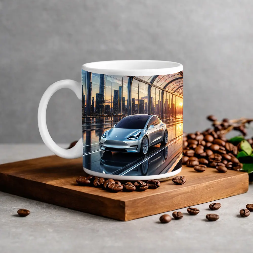 Tesla Model Y Futuristic City Skyline – Mugs