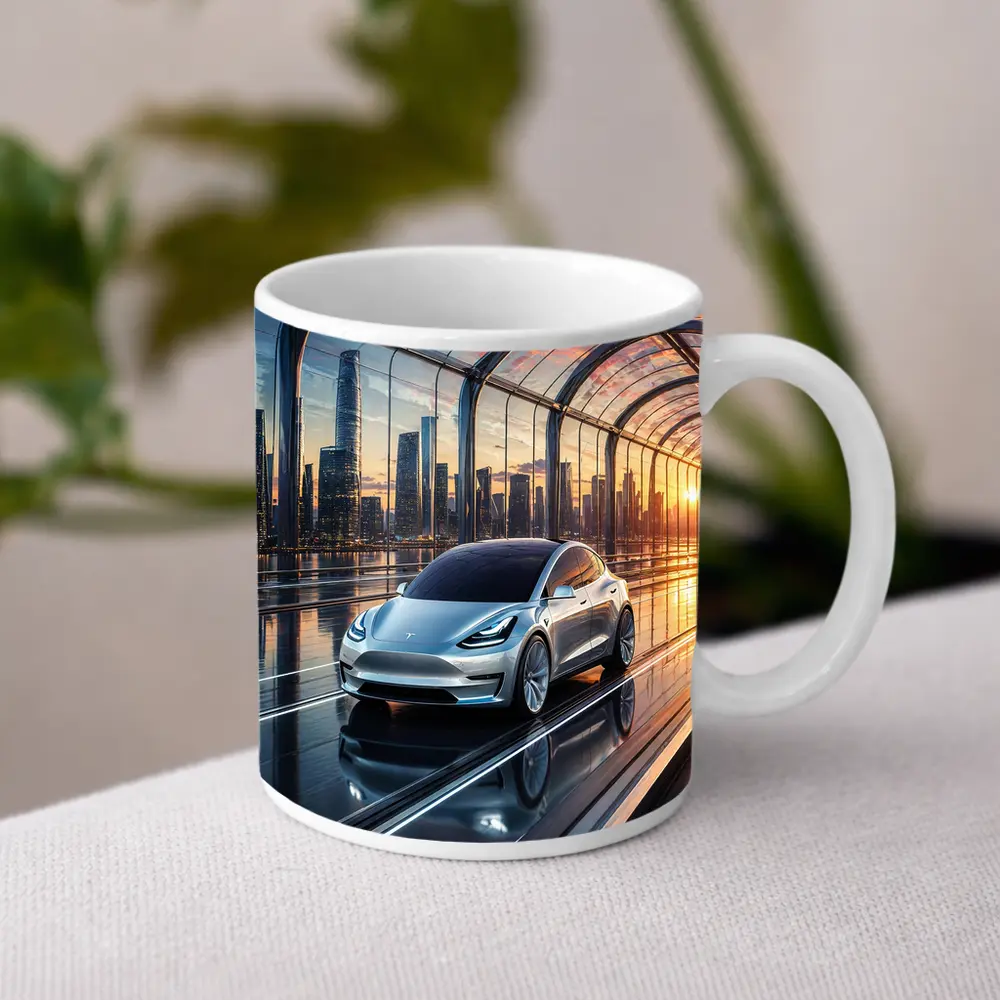 Tesla Model Y Futuristic City Skyline – Mugs