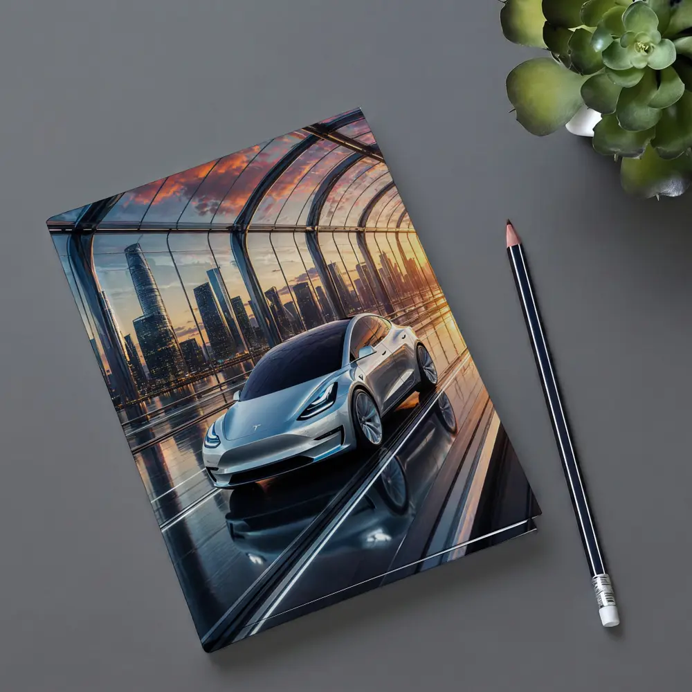 Tesla Model Y Futuristic City Skyline – Notebooks