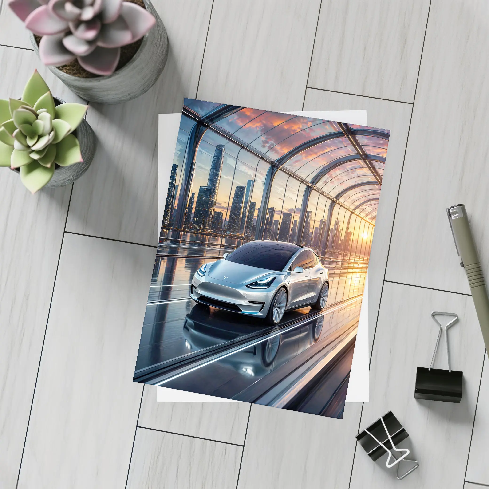 Tesla Model Y Futuristic City Skyline – Postcards
