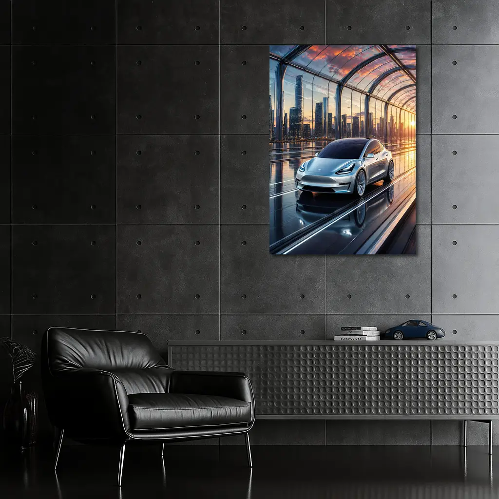 Tesla Model Y Futuristic City Skyline – Wall Art