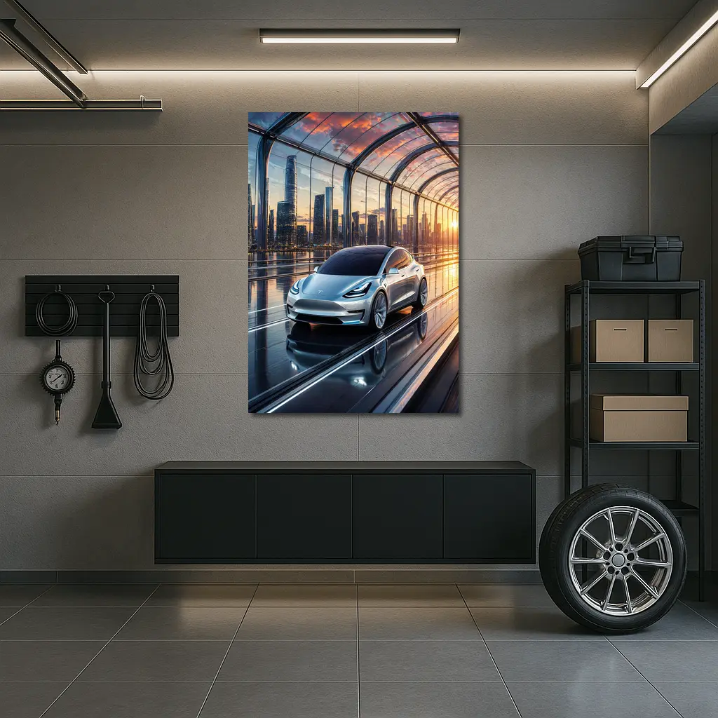 Tesla Model Y Futuristic City Skyline – Wall Art
