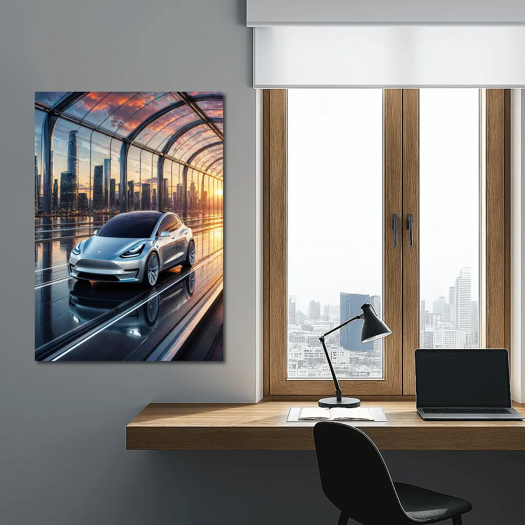Tesla Model Y Futuristic City Skyline – Wall Art