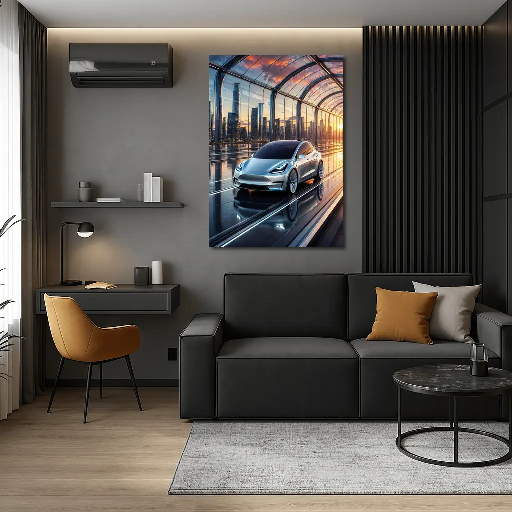 Tesla Model Y Futuristic City Skyline – Wall Art