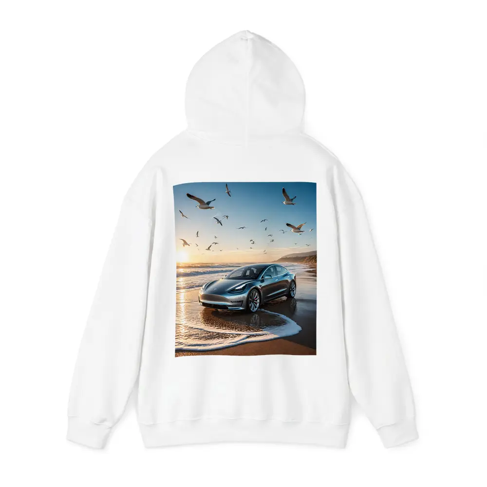 Tesla Model 3 Beach Sunset Seagulls Scene – Hoodies