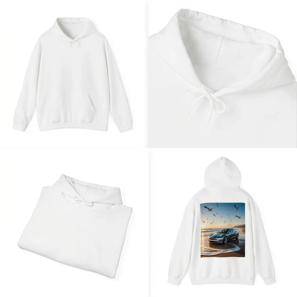 Tesla Model 3 Beach Sunset Seagulls Scene – Hoodies