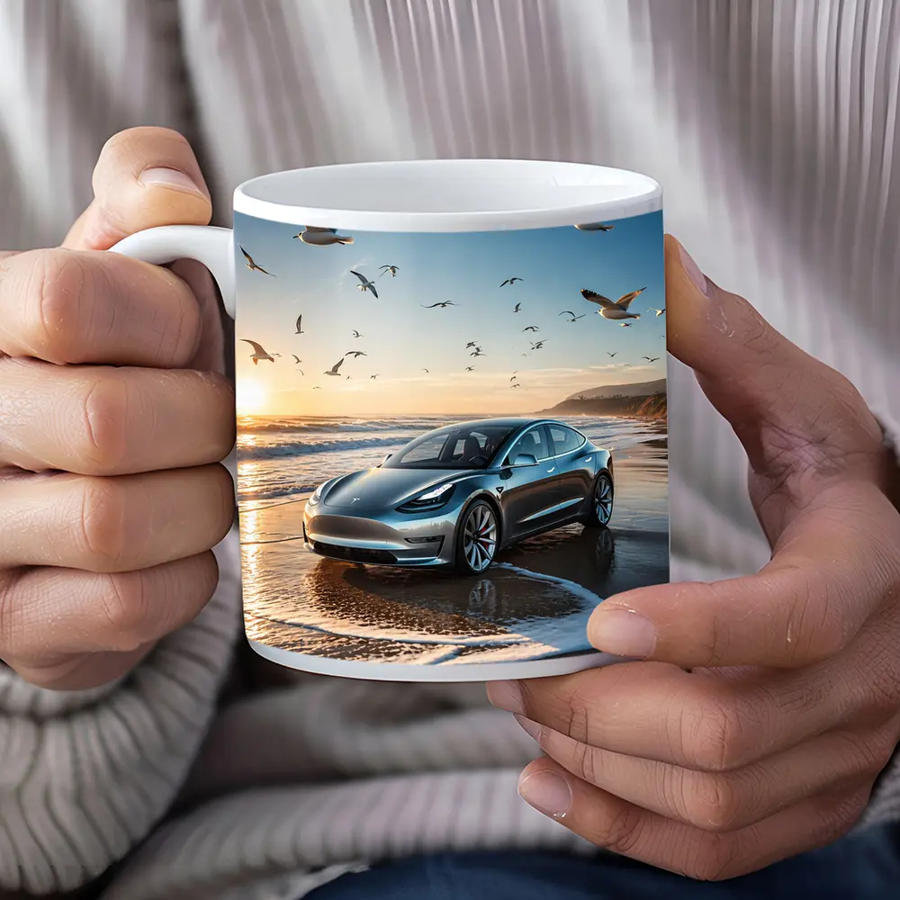 Tesla Model 3 Beach Sunset Seagulls Scene – Mugs