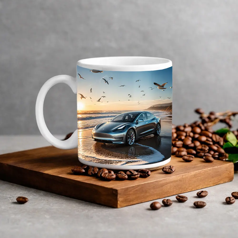 Tesla Model 3 Beach Sunset Seagulls Scene – Mugs