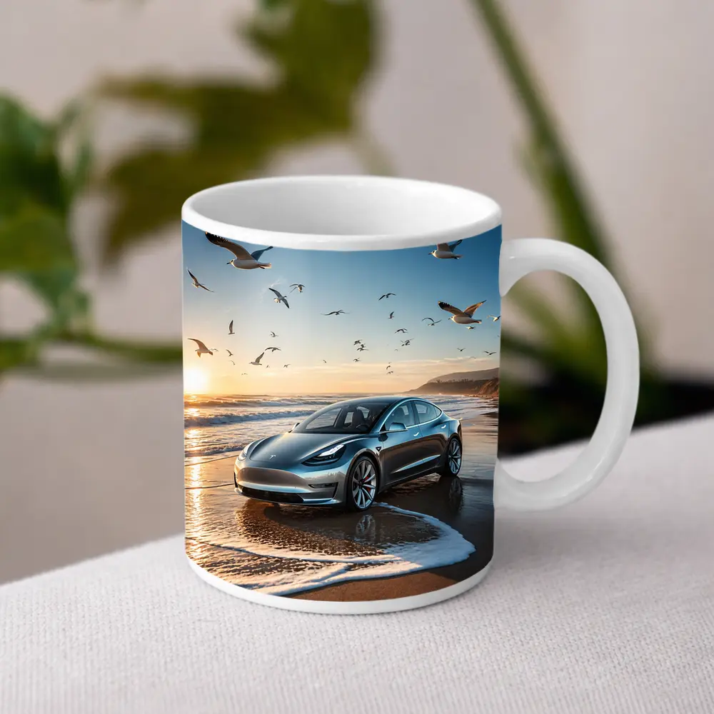Tesla Model 3 Beach Sunset Seagulls Scene – Mugs
