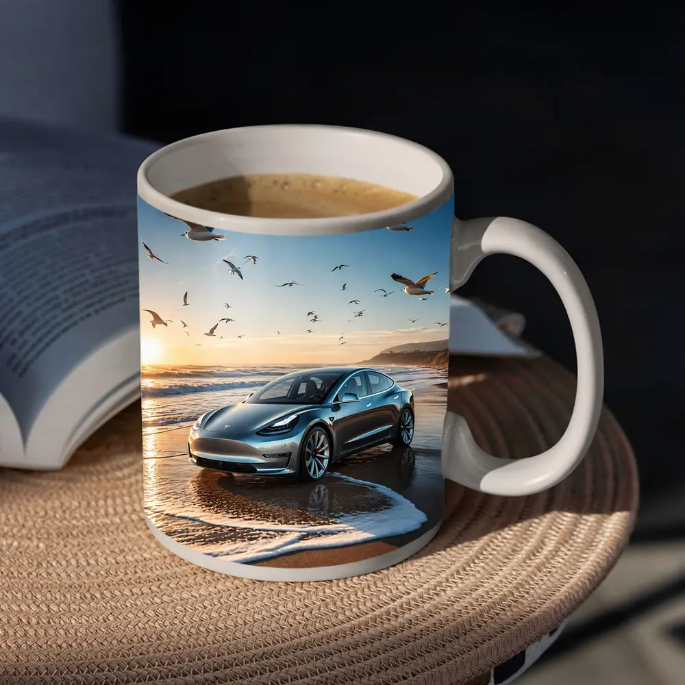 Tesla Model 3 Beach Sunset Seagulls Scene – Mugs