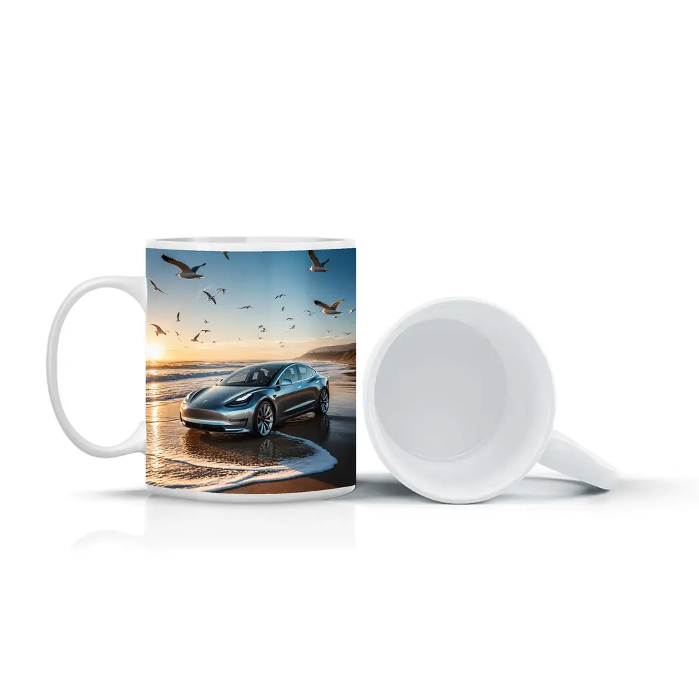 Tesla Model 3 Beach Sunset Seagulls Scene – Mugs