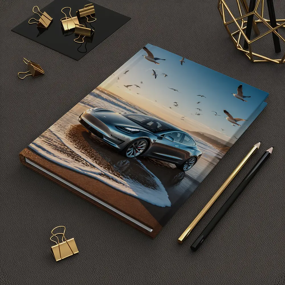 Tesla Model 3 Beach Sunset Seagulls Scene – Notebooks