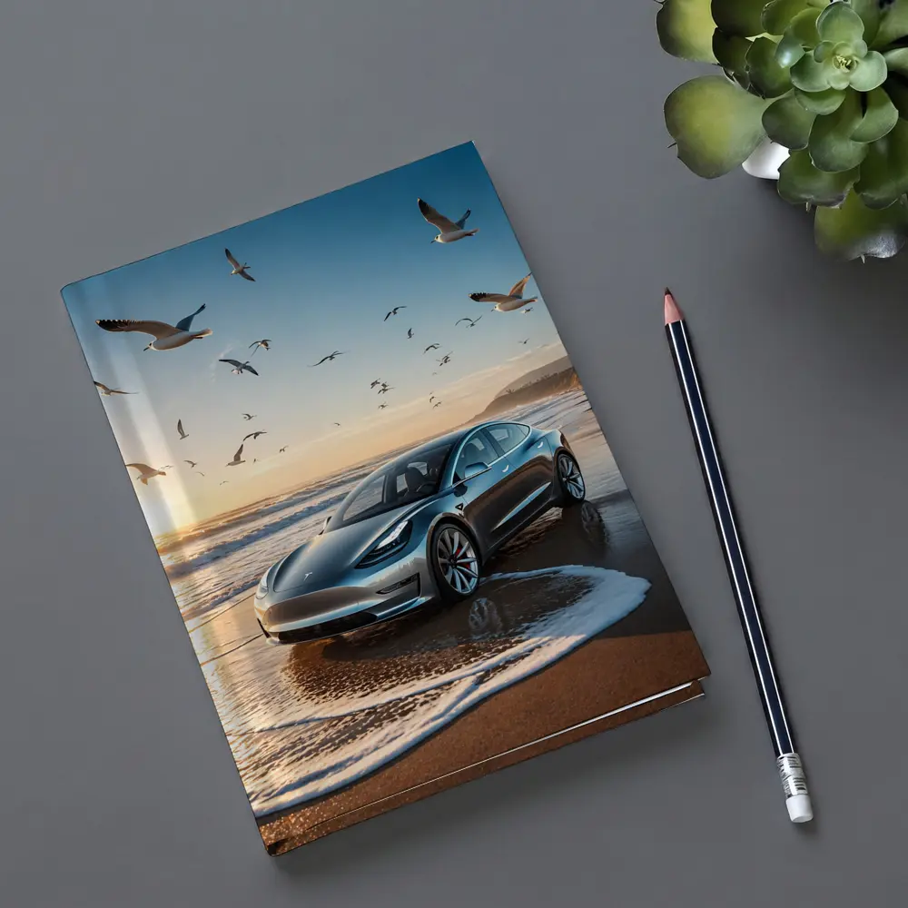 Tesla Model 3 Beach Sunset Seagulls Scene – Notebooks