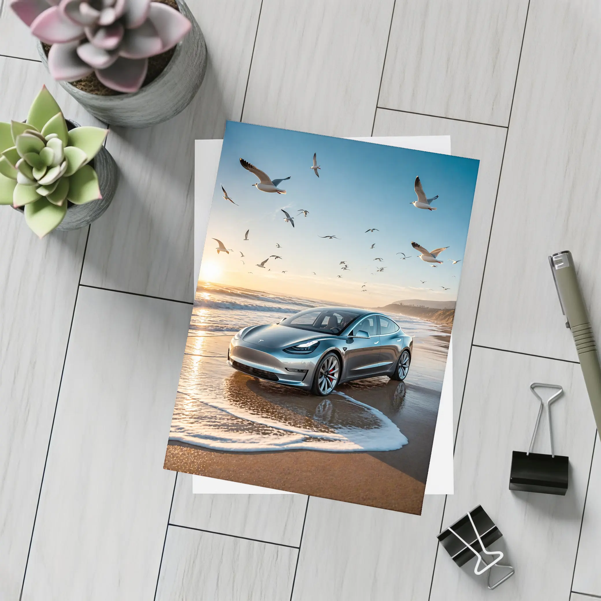 Tesla Model 3 Beach Sunset Seagulls Scene – Postcards