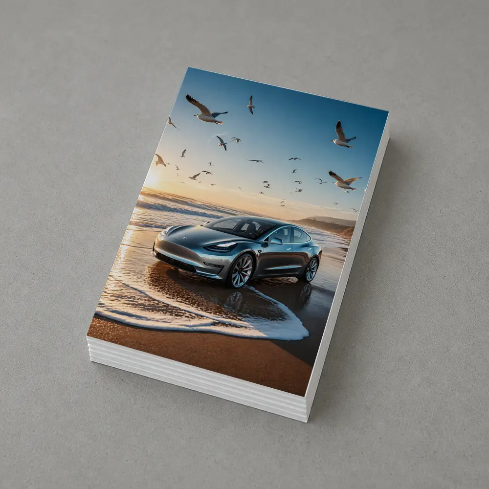 Tesla Model 3 Beach Sunset Seagulls Scene – Postcards