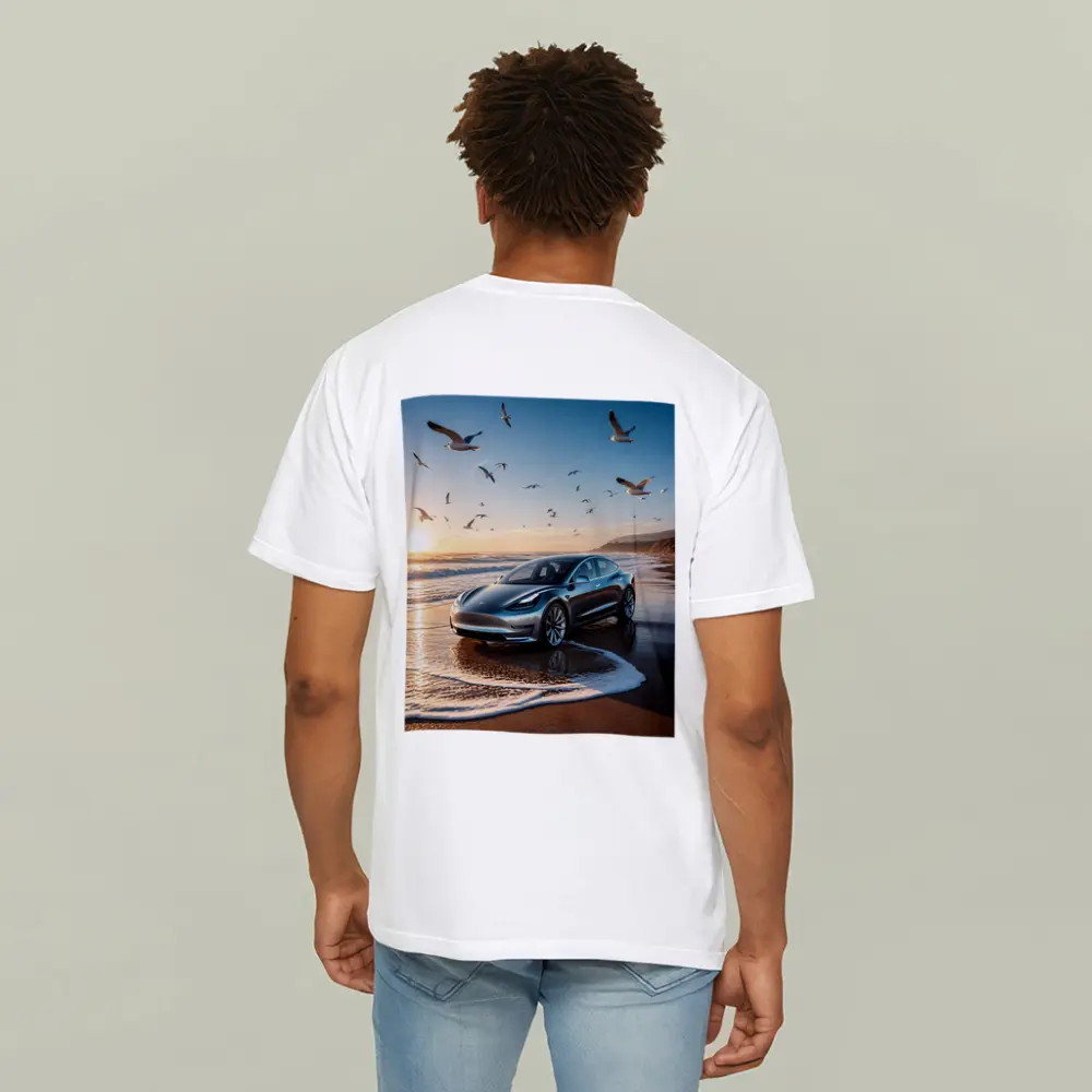 Tesla Model 3 Beach Sunset Seagulls Scene – T-Shirts