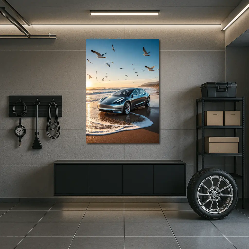 Tesla Model 3 Beach Sunset Seagulls Scene – Wall Art
