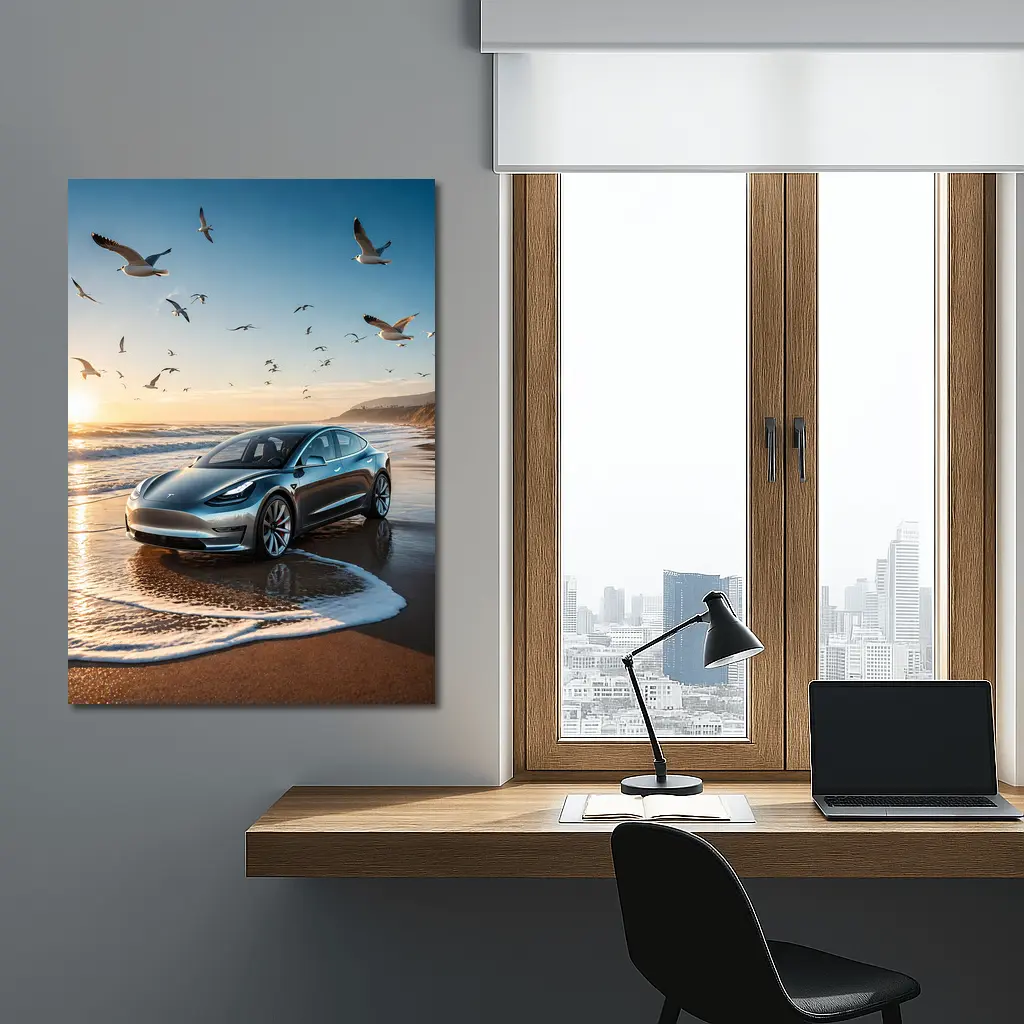 Tesla Model 3 Beach Sunset Seagulls Scene – Wall Art