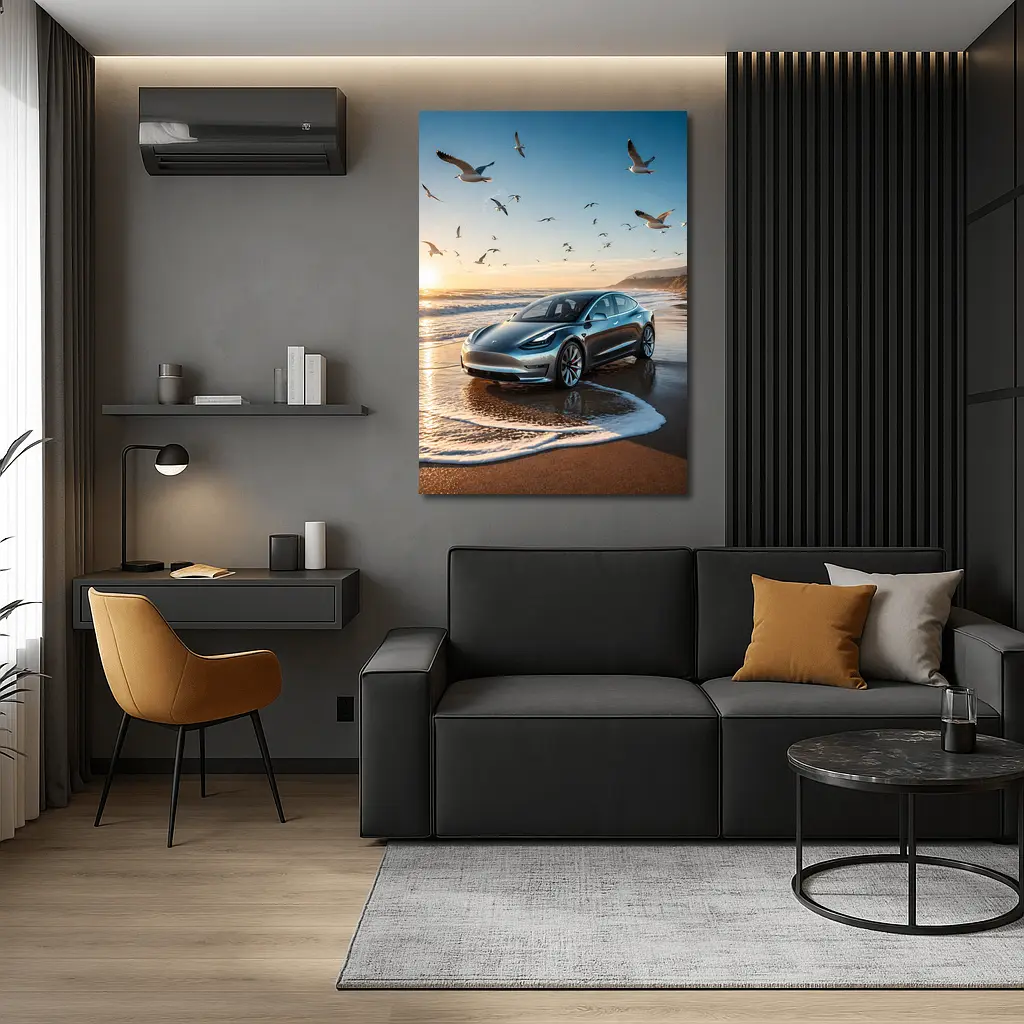 Tesla Model 3 Beach Sunset Seagulls Scene – Wall Art