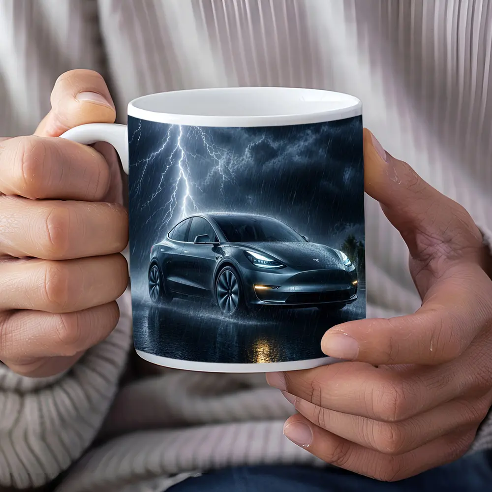 Tesla Model Y Driving Through Lightning Storm – Mugs