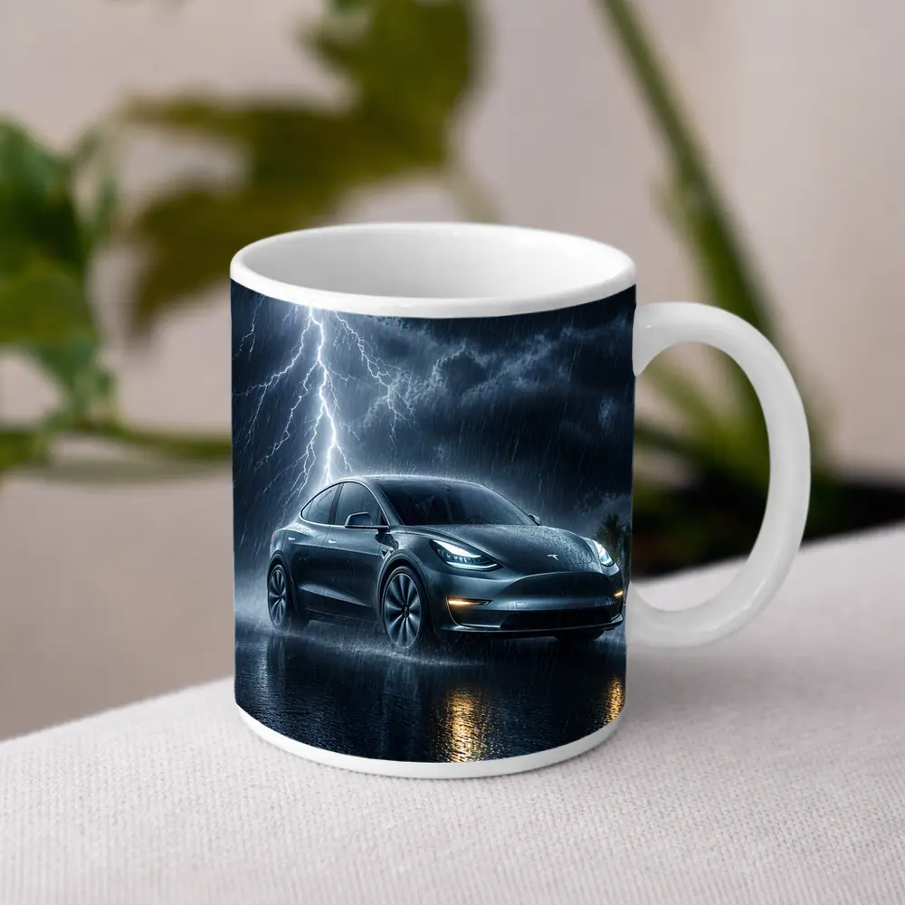 Tesla Model Y Driving Through Lightning Storm – Mugs