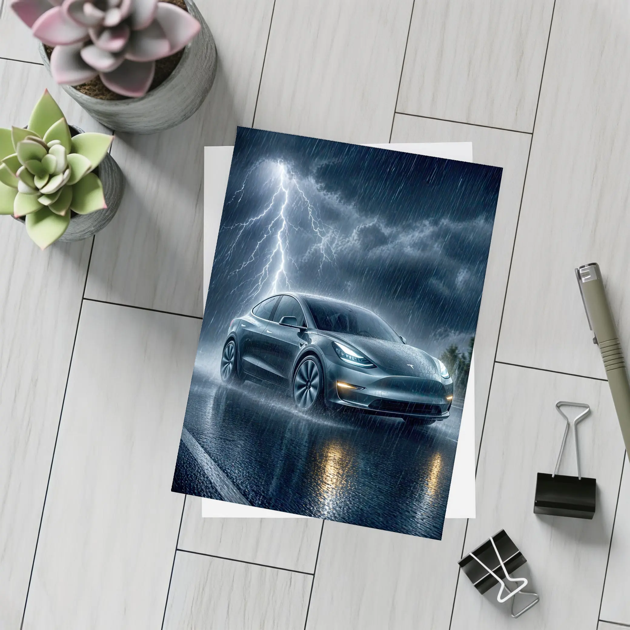 Tesla Model Y Driving Through Lightning Storm – Postcards
