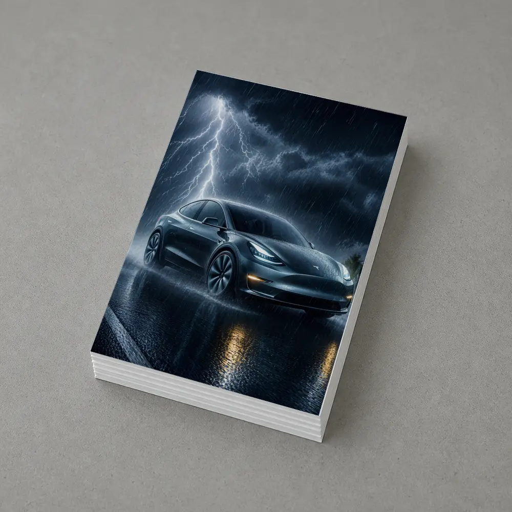 Tesla Model Y Driving Through Lightning Storm – Postcards