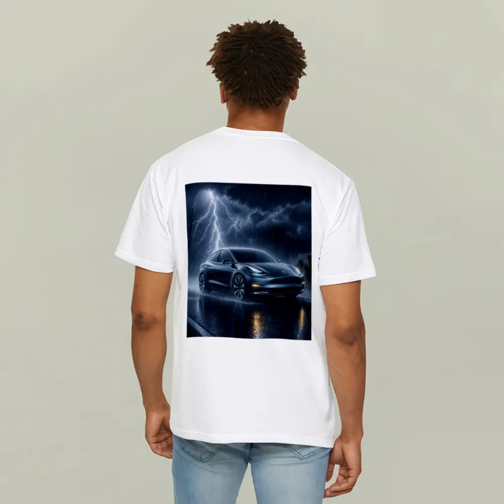 Tesla Model Y Driving Through Lightning Storm – T-Shirts