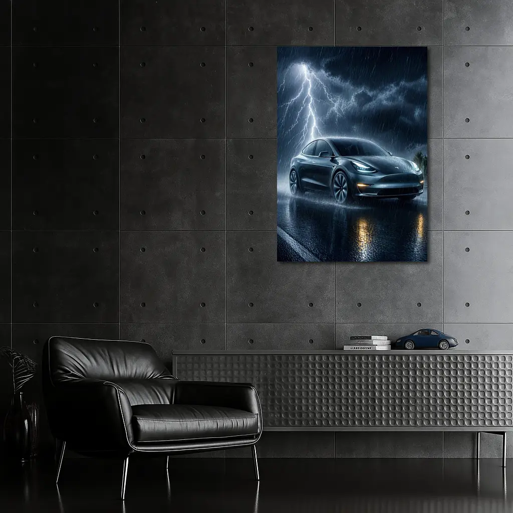 Tesla Model Y Driving Through Lightning Storm – Wall Art