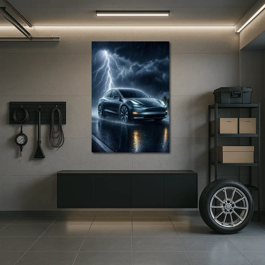 Tesla Model Y Driving Through Lightning Storm – Wall Art