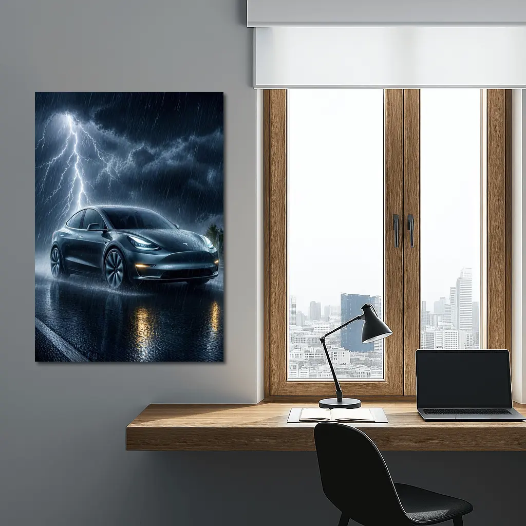 Tesla Model Y Driving Through Lightning Storm – Wall Art